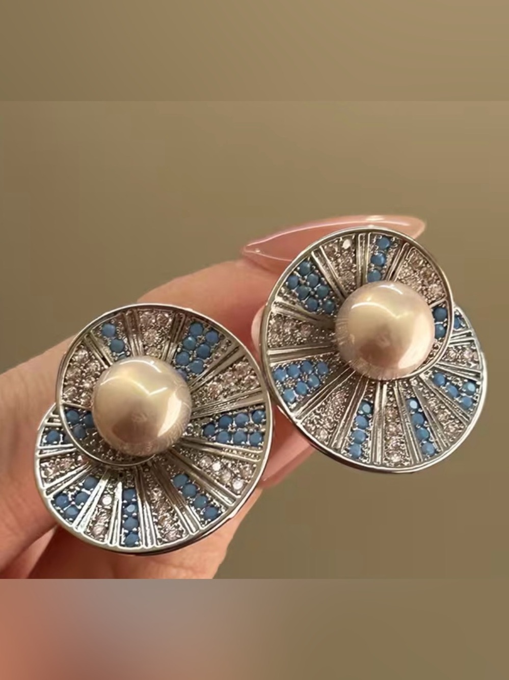 Silver Pearl & Blue Crystal Radiant Disc Earrings